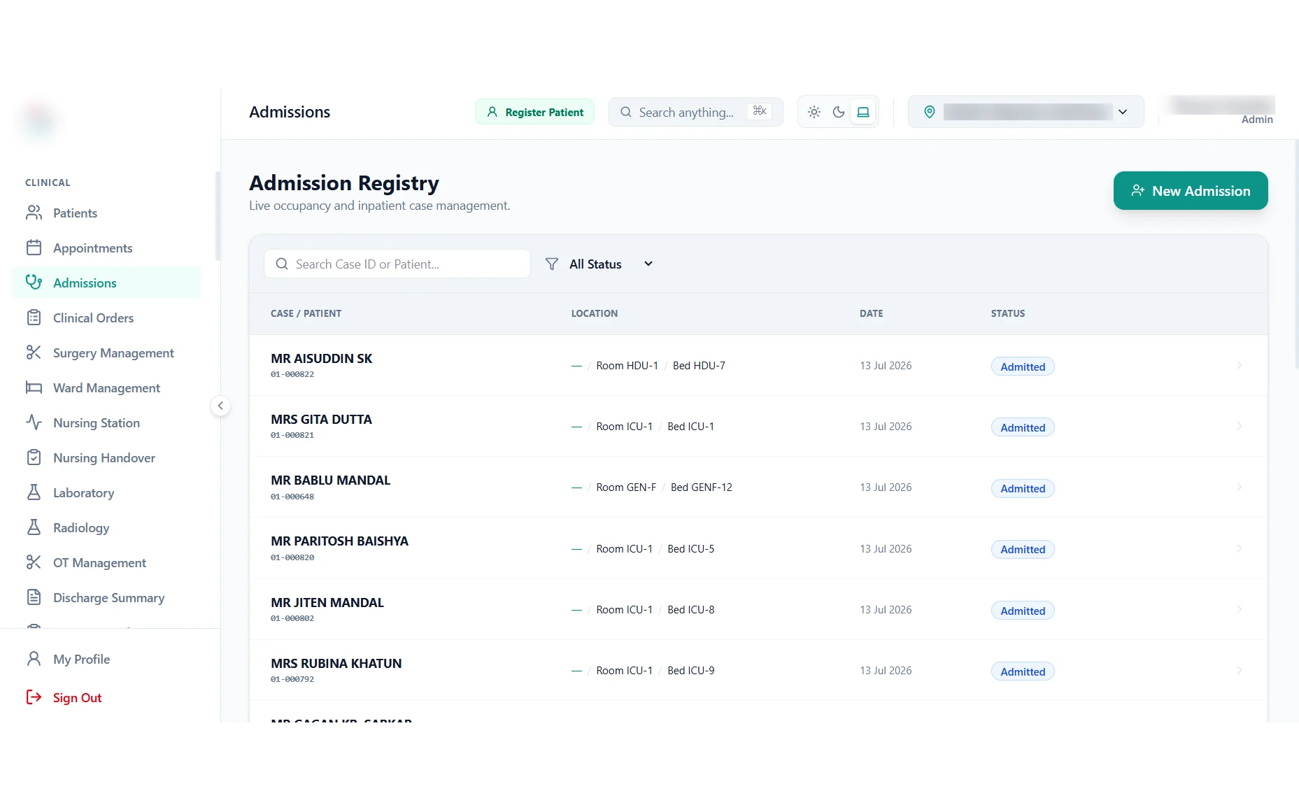 Medikunj IPD admissions screen showing bed allocation and live admission ledger