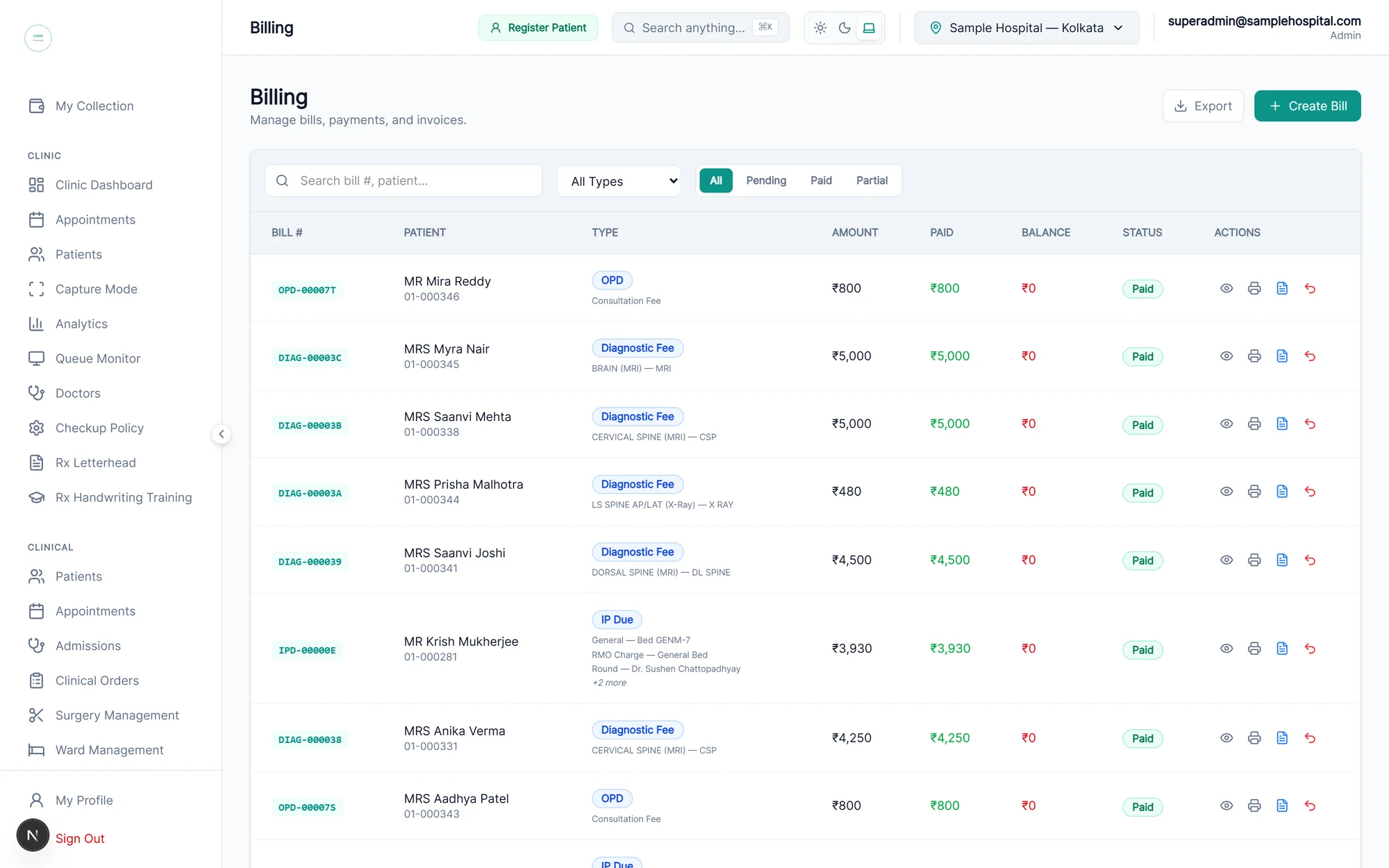 Medikunj billing screen showing itemised charges, payment status and outstanding dues