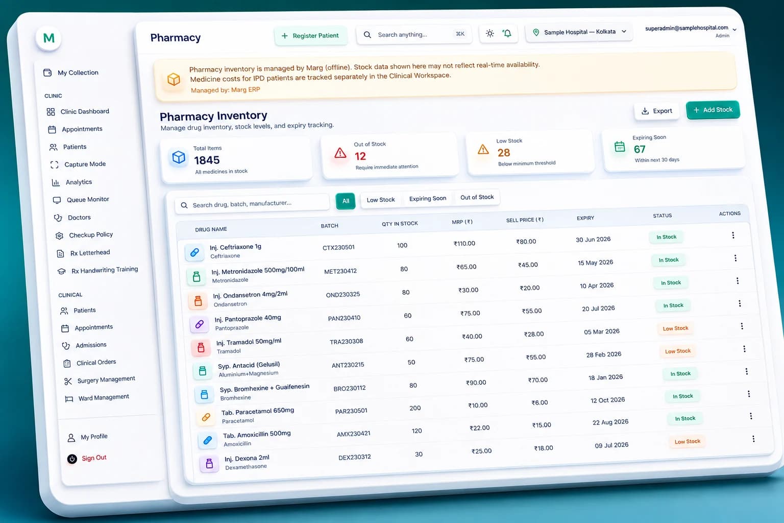 Medikunj pharmacy inventory screen with batch, expiry and stock ledger